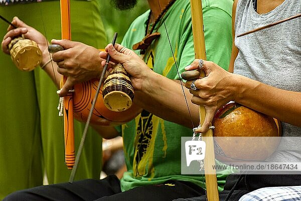 Musicians playing an Afro Brazilian percussion musical instrument called a berimbau during a capoeira performance in the streets of Brazil  Brasil