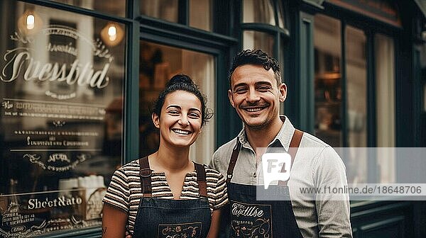 Proud young adult couple at the entrance of their new bakery shop in europe  generative AI
