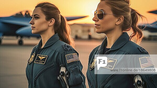 Zwei stolze junge erwachsene Kampfpilotinnen der Air Force vor ihrem F 35 Kampfflugzeug auf dem Rollfeld  generative KI