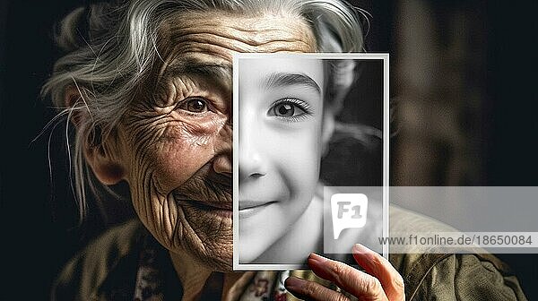 Elderly woman with wrinkled skin portrait holding A photo of herself as A young girl with perfect skin  generative AI