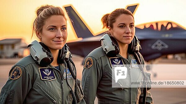 Zwei stolze junge erwachsene Kampfpilotinnen der Air Force vor ihrem F 35 Kampfflugzeug auf dem Rollfeld  generative KI