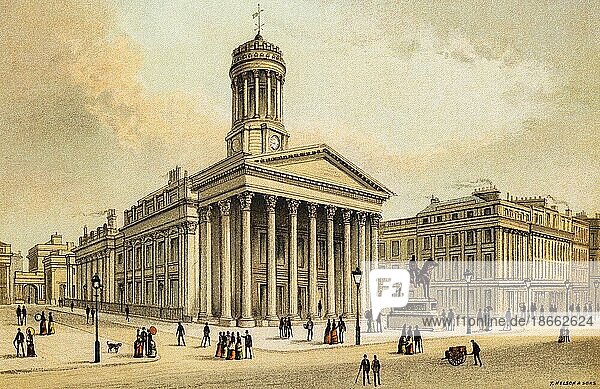 Royal Exchange  Royal Exchange  Queen Street  economy  securities  trade  money  security  magnificent  building  column facade  square  people  monument  street  Glasgow  Scotland  Great Britain  colour historical illustration from 1889