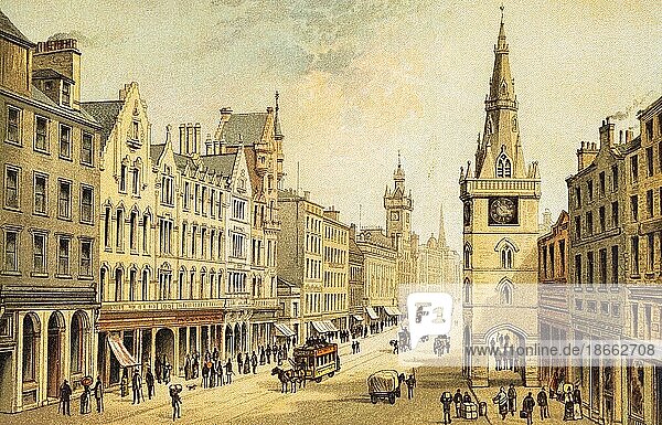 The Throngate  Glasgow  Schottland  Großbritannien  Straße  Türme  Pferdewagen  Menschen  Geschäfte  Turmuhr  Stadtansicht  Gebäude  farbige historische Illustration von 1889  Europa