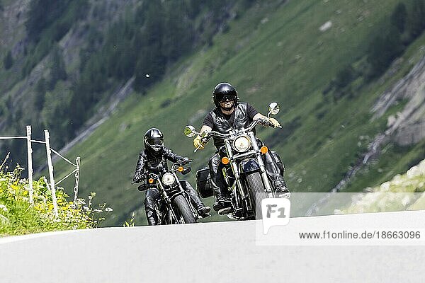 Motorbike on the winding Nufenen Pass in the Alps  popular motorbike route  Ulrichen  Obergoms  Canton Valais  Switzerland  Europe