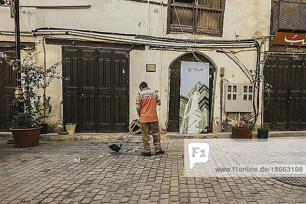 A man sweeps in the old city of Jeddah  16.05.2023.  Jeddah  Saudi Arabia  Asia