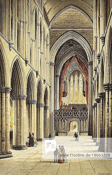 Cathedral with nave  Glasgow  Scotland  Great Britain  interior  windows  stained glass  visitors  columns  church organ  coloured historical illustration from 1889