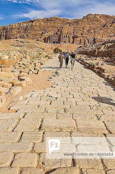 Old roman cobble street with view on the royal tombs Petra Jordan Asia