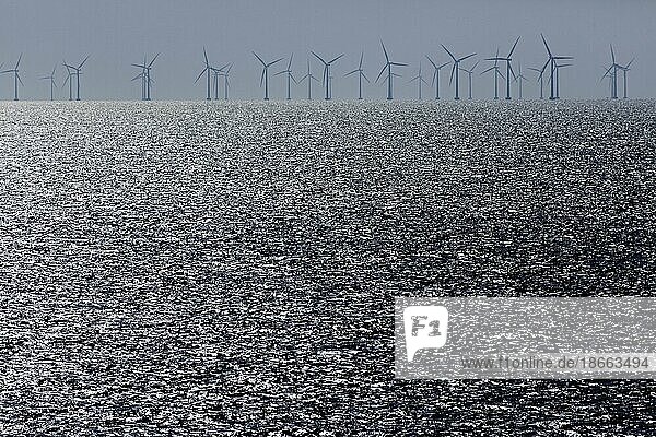 Offshore wind farm off the island of Fehmarn  wind turbines in the offshore wind farm in the Baltic Sea  Puttgarden  Fehmarn Island  Schleswig-Holstein  Germany  Europe