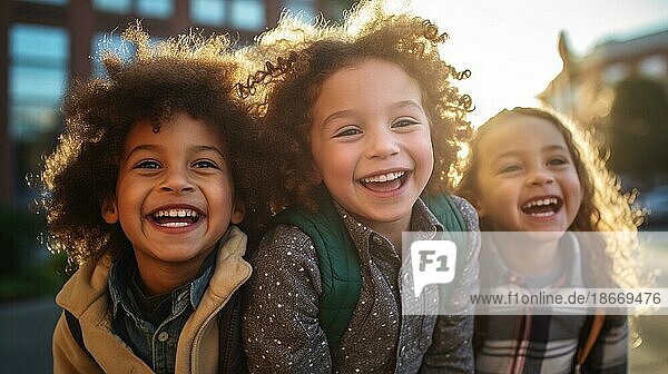 Fröhlich lachende multiethnische Kinder auf dem Weg zur Schule  generative KI