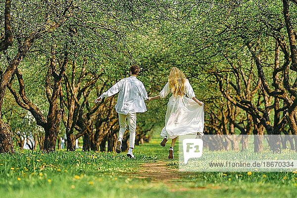 Rückansicht des frisch vermählten Paares  das sich an den Händen hält und einen Weg im Park entlang läuft