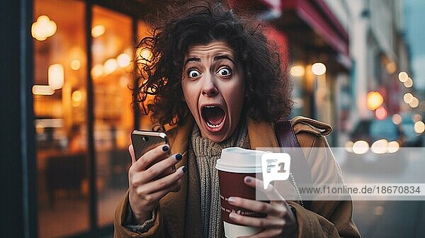 Delightedly surprised or horrified young adult female holding her coffee cup and cell phone walking outside  generative AI