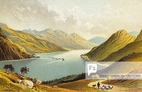 Loch Long  Seitenarm Clyde Fjord  Berglandschaft  Naturparadies  Danpfer  Schäfer  Hund  Schafe  Weg  Hochland  Ruhe  Einsamkeit  farbige historische Illustration 1889  Schottland  Großbritannien  Europa