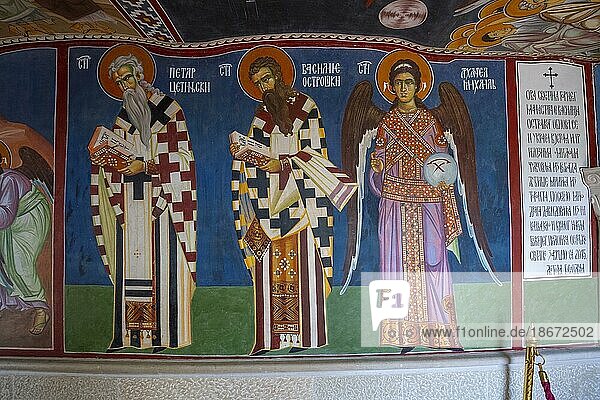 Historical frescoes from the 17th century  Serbian Orthodox Monastery Ostrog  upper building  Danilovgrad Province  Montenegro  Europe
