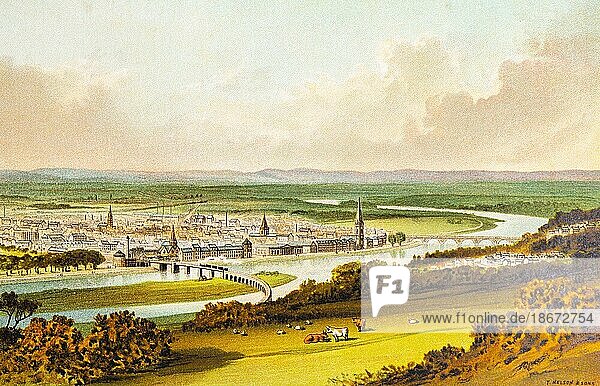 Stadt Perth  Fluss Tay  Landschaft  von oben  Landwirtschaft  Rinder  Brücke  Ebene  Kirchtürme  Häuser  historische Illustration 1889  Schottland  Großbritannien  Europa