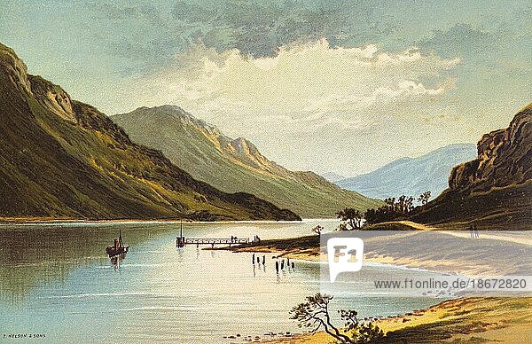 Loch Eck  Fjord  südlicues Hochland  Berglandschaft  wanderer  weg  Schiff  Anleger  Einsamkeit  Ruhe  farbige historische Illustration 1889  Schottland  Großbritannien  Europa