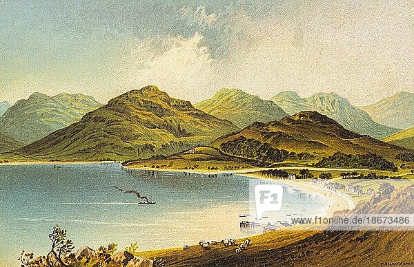Loch Goil Head  südliches Hochland  Fjord  Berglandschaft  Strand  Ufer  Gebäude  Anleger  Dampfschiff  Natur  Einsamkeit  Ruhe  Bäume  Schafe  farbige historische Illustration 1889  Schottland  Großbritannien  Europa