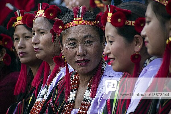 Kohima  India. 9 December 2022. Members of the Naga community participate during the Hornbill Festival  at Kisama village near Kohima  on December 9  2022 in Kohima  India. The Hornbill Festival is an annual festival celebrated from 1 to 10 of December in the Northeastern Indian state of Nagaland to represents all ethnic groups of Nagaland