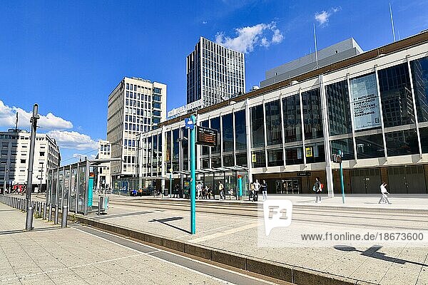Frankfurt am Main  Germany  June 2020: Central streetcar station at square called 'Willy Brandt Platz' in modern business district of Frankfurt  Europe
