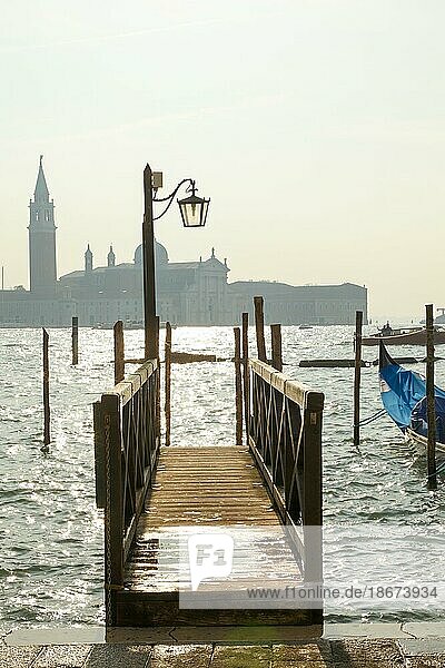 View from the piazzetta onto a jetty and the monastery island of San Giorgio Maggiore  Venice  Veneto  Italy  Europe