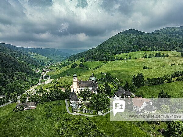 Aerial view of the monastery of Sankt Trudpert  former Benedictine monastery  Münstertal  Black Forest  Baden-Württemberg  Germany  Europe