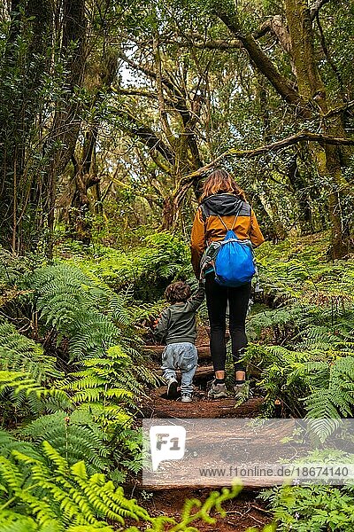 Mutter und Sohn beim Treppensteigen im moosbewachsenen Wald des Nationalparks Garajonay  La Gomera  Kanarische Inseln. Auf dem Ausflug nach Las Creces