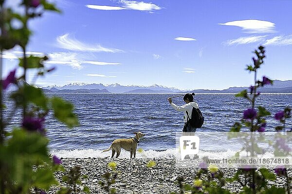 Junge Frau spielt mit ihrem Windhund am Seeufer. Sie wirft einen Stock nach dem Hund