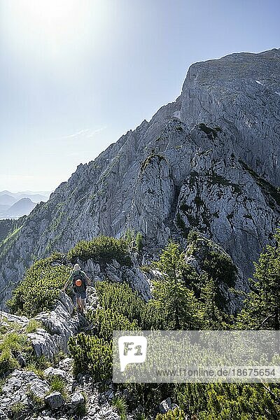 Mountaineer on the Mannlsteig  via ferrata on the Hohe Göll  mountain landscape  Berchtesgaden Alps  Berchtesgadener Land  Bavaria  Germany  Europe