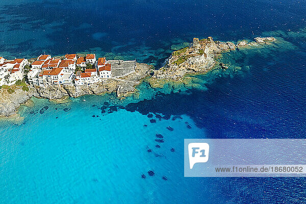 Aerial drone view of iconic and picturesque Andros (Chora) Andros Island  Cyclades  Greek Islands  Greece  Europe