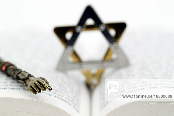 Close-up detail of a Torah in Hebrew  Star of David and a yad  Jewish symbols  France  Europe