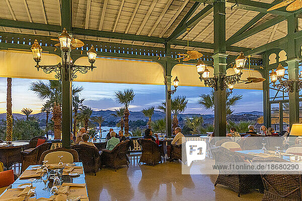 The Terrace Restaurant at The Old Cataract Hotel at dusk  Aswan  Egypt  North Africa  Africa