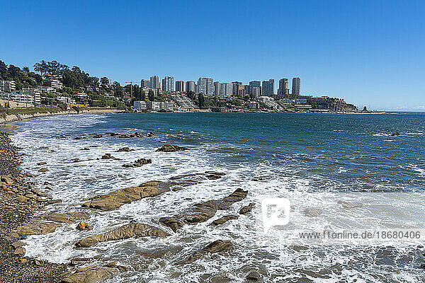 Bahamas beach and highrise buildings in background  Concon  Valparaiso Province  Valparaiso Region  Chile  South America