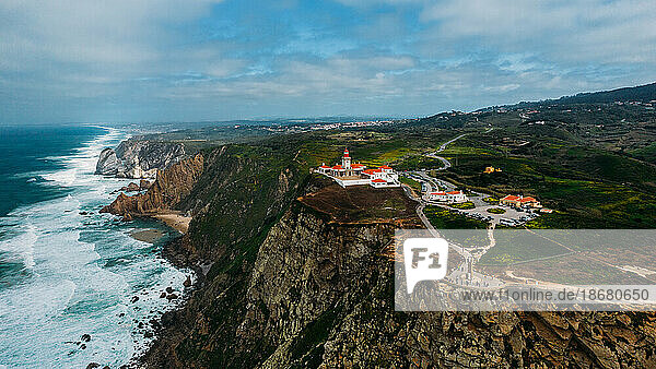 Aerial view of Cabo da Roca  Continental Europe's western-most point  near Sintra  Portugal  Europe