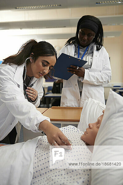 Medical students performing medical exam on dummy