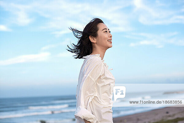 Japanese woman portrait at the beach