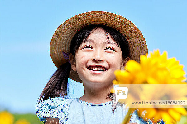 Young Japanese girl at a sunflower field