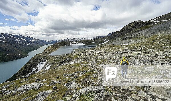Bergsteiger auf Besseggen Wanderung  Gratwanderung  See Gjende und See Bjørnbøltjønne  Jotunheimen Nationalpark  Vågå  Innlandet  Norwegen  Europa