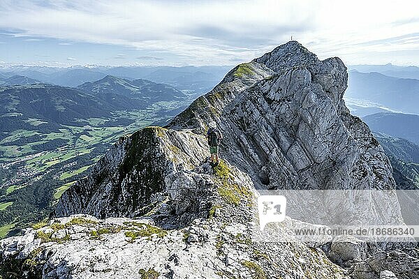 Bergsteiger auf einem Gratweg  Überschreitung der Hackenköpfe  hinten Gipfel des Scheffauer  felsige Berge des Kaisergebirge  Wilder Kaiser  Kitzbühler Alpen  Tirol  Österreich  Europa