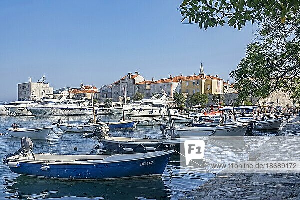 Kleine Fischerboote und Motoryachten im Yachthafen nördlich der Altstadtmauern von Budva an der Adria  Montenegro  Europa