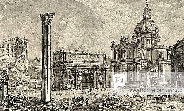 Antikes Rom  Arco di Settimio Severo  der Septimius-Severus-Bogen ist ein dreibogiger Triumphbogen  der sich an der nordwestlichen Ecke des Forum Romanum befindet und auf einem Travertinsockel steht  der ursprünglich nur über eine Treppe zugänglich war  1770  Italien  Historisch  digital restaurierte Reproduktion von einer Vorlage aus der damaligen Zeit  Europa