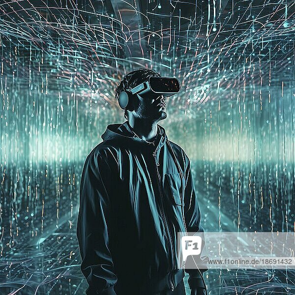 Man with data glasses for artificial intelligence stands in front of a data stream  AI generated