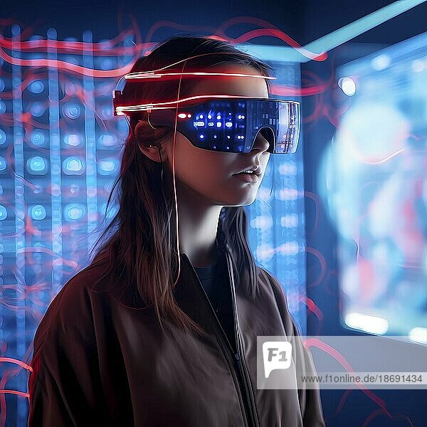 Frau mit Datenbrille für künstliche Intelligenz steht vor einem von KI generierten Datenstrom