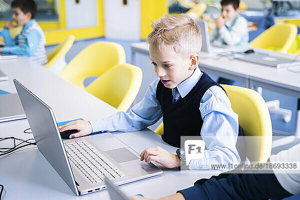 Boy with blond hair using laptop sitting in computer class