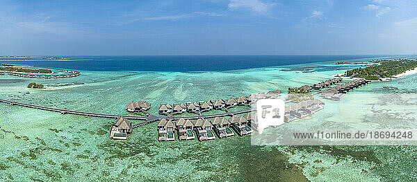 Aerial view of water bungalows at Lankanfushi Island in Kuda Huraa  Maldives