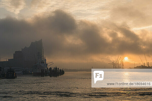 Germany  Hamburg  Clouds over Port of Hamburg and Elbphilharmonie