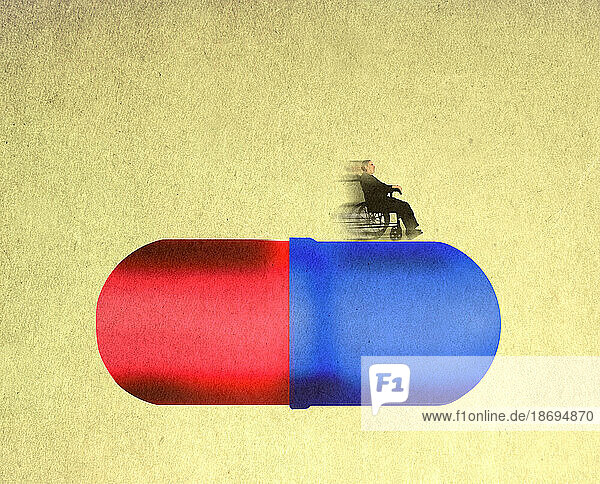 Illustration of wheelchaired man riding off oversized pill