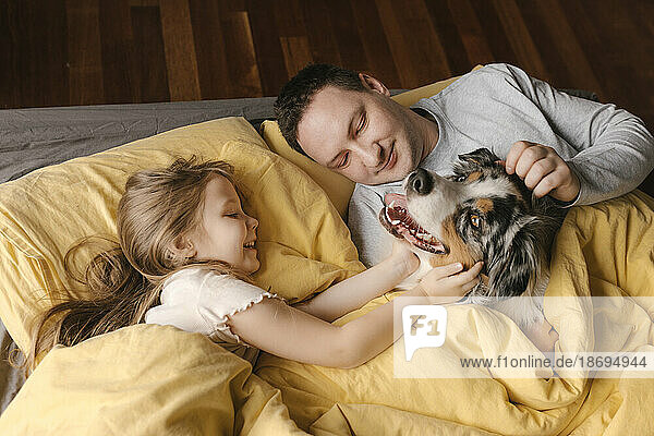 Vater und Tochter streicheln Hund  der zu Hause im Bett liegt