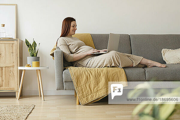 Pregnant freelancer using laptop sitting on sofa at home