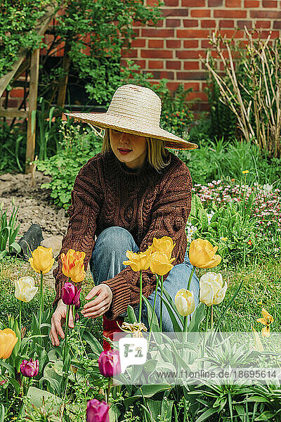 Woman wearing sweater crouching near tulips in garden