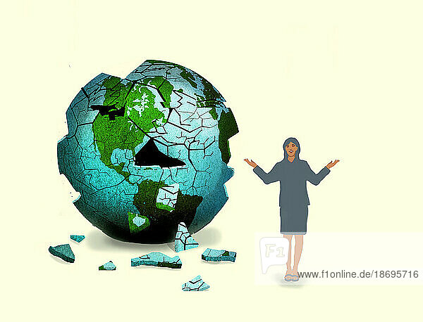 Illustration of businesswoman standing in front of cracked Earth globe