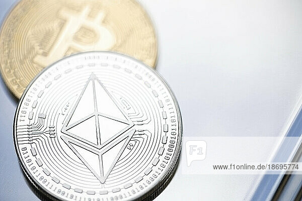 Close-up of Bitcoin and Ethereum coins